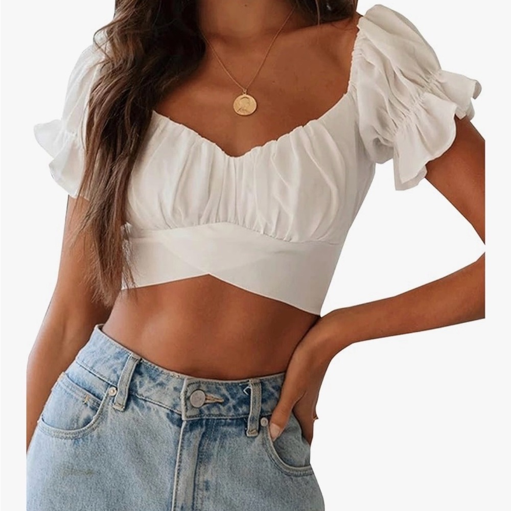 LYANER Women's Ruffle Short Sleeve Tie Up Back Crop Top Off Shoulder Blouse  XL